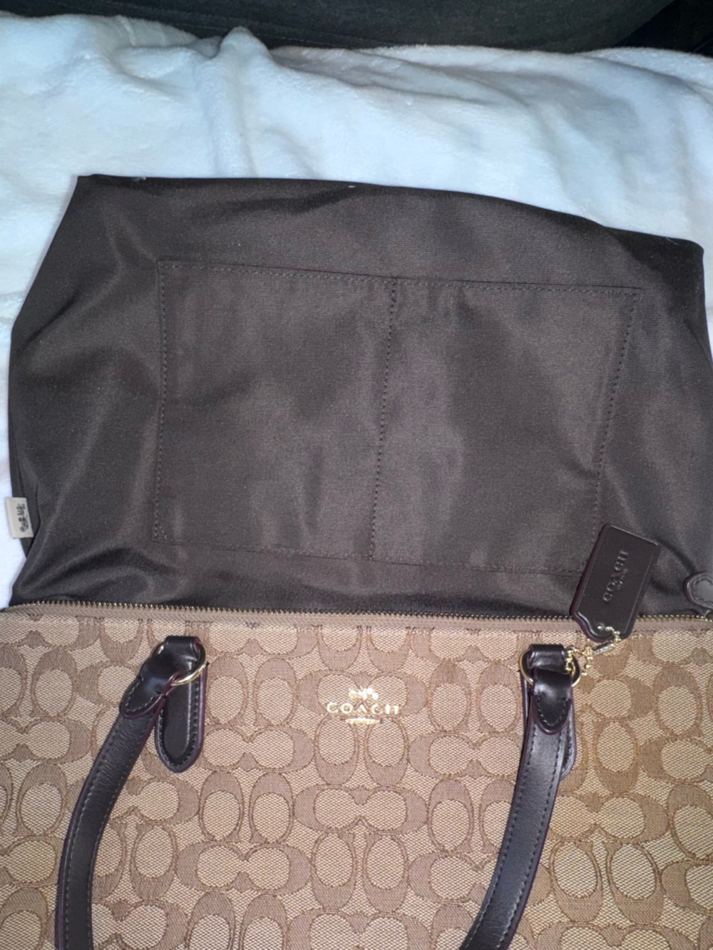 Coach Signature Zip Tote Khaki Brown Canvas Leather Trim Shoulder Bag Large - Picture 12 of 12